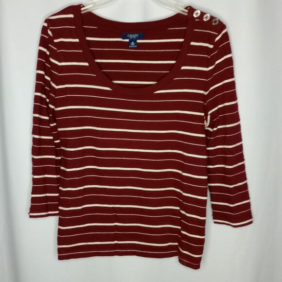 ⭐ Chaps Scoop Neck Striped Blouse 3/4 Sleeve Cotton Knit Top Button Detail Med - Picture 1 of 4